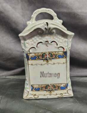ANTIQUE GERMAN LUSTREWARE NUTMEG SPICE JAR GOLD TRIM OPALESCENT PORCELAIN
